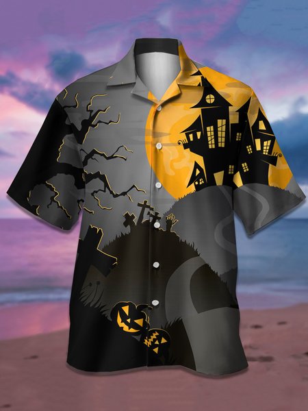 

Men's Halloween Graphic Print Short Sleeve Shirt, Black, Men's Floral shirt