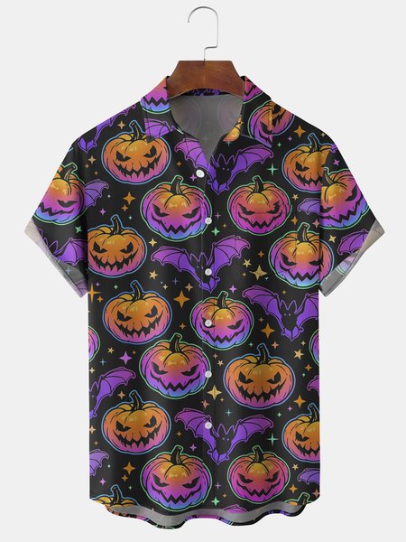 

Men's Halloween Pumpkin Bat Element Graphic Print Short Sleeve Shirt, Black, Men's Floral shirt