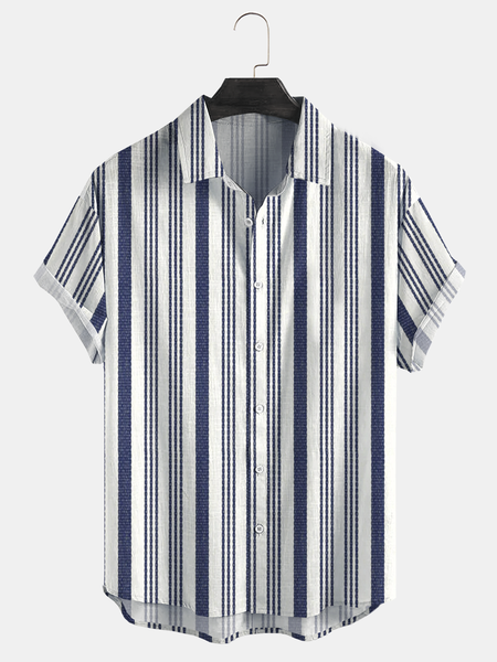 

Cotton Linen Style Geometric Striped Print Lapel Cozy Linen Shirt, As picture, Men's Floral shirt