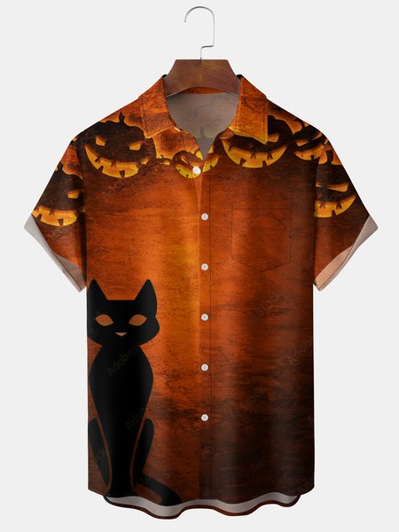 

Men's Halloween Pumpkin Cat Element Graphic Print Short Sleeve Shirt, Orange, Men's Floral shirt
