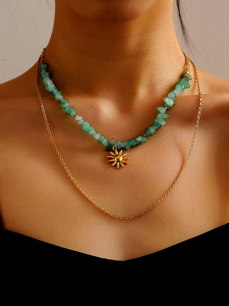 

Boho Casual Double Layer Irregular Green Natural Stone Necklace, Golden, Necklaces