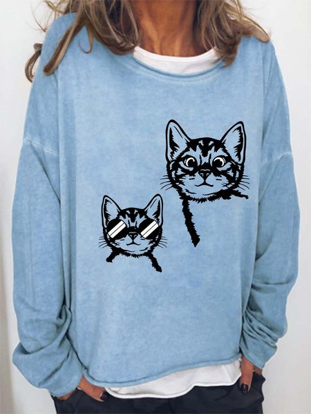 

Women Cat Printing Animal Crew Neck Sweatshirt, Light blue, Hoodies&Sweatshirts
