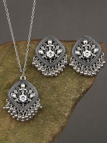 

2Pcs Vintage Ethnic Wind Bells Earrings Necklace Set, Silver, Necklaces