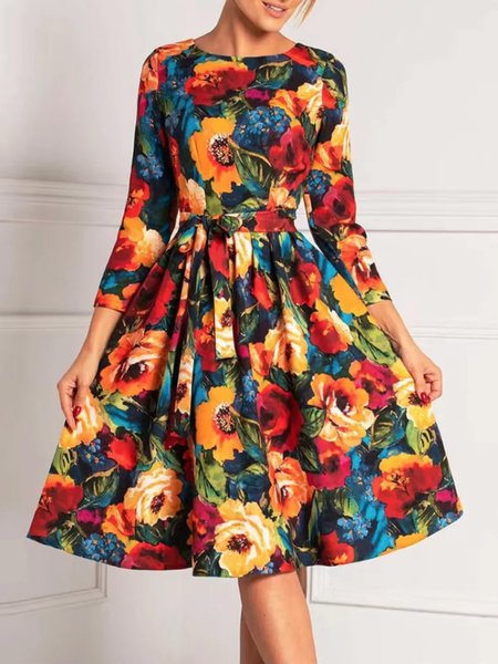 

Daily Floral Mid Waist Regular Fit Elegant Dress, Red, Midi Dresses