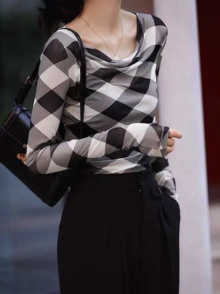 

Autumn High Elasticity H-Line Others Plaid Urban Long sleeve Daily T-Shirt, Gray, Tees