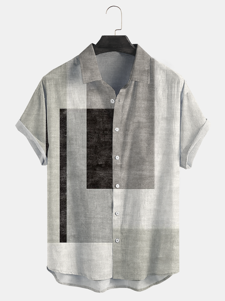 

Cotton Linen Style Geometric Striped Abstract Print Lapel Comfort Linen Shirt, As picture, Men's Floral shirt