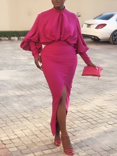 

Elegant Plain Long Sleeve Maxi Dress, Rose red, Maxi Dresses