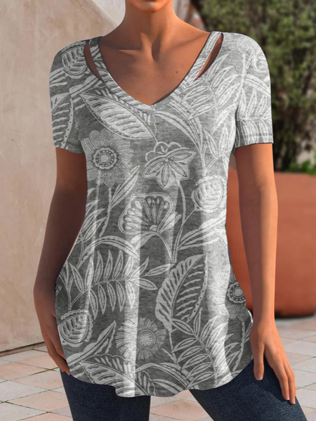 

V Neck Casual Floral T-Shirt, Gray, T-Shirts