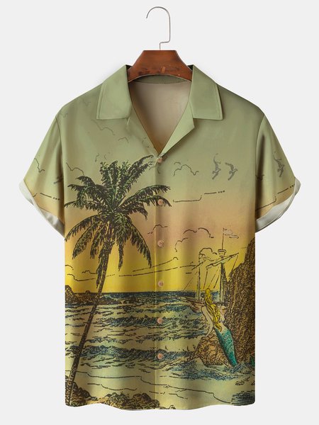 

Men's Ocean Mermaid Print Anti-Wrinkle Moisture Wicking Fabric Fashion Hawaiian Lapel Short Sleeve Shirts, Green, Men's Floral shirt