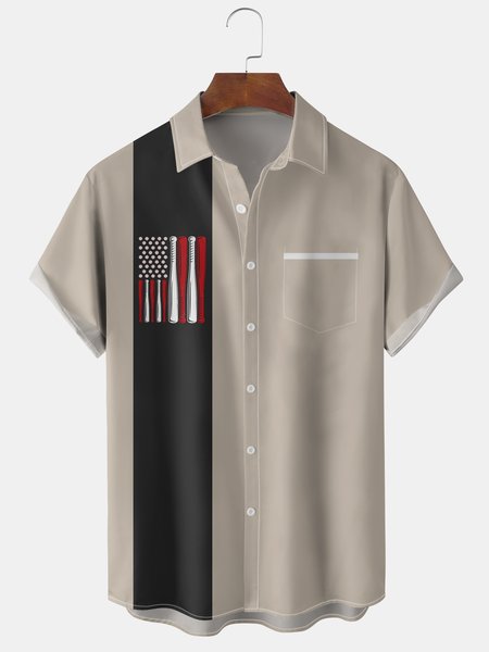 

Men's American Flag and Baseball Graphic Print Short Sleeve Shirt, Khaki, Men's Floral shirt