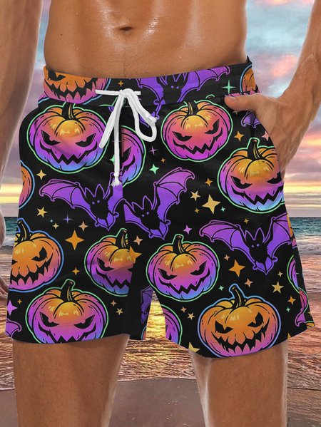 

Men's Halloween Pumpkin Element Graphic Print Casual Vacation Beach Shorts, Black, Men's shorts