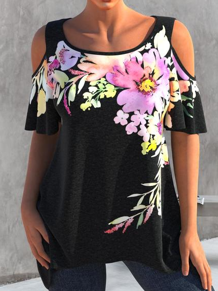 

Casual Crew Neck Floral Regular Fit Tops, Black, T-Shirts