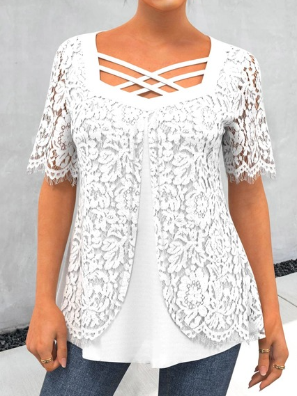

Urban Elegant Lace Loose Plain Tops, White, Shirts & Blouses