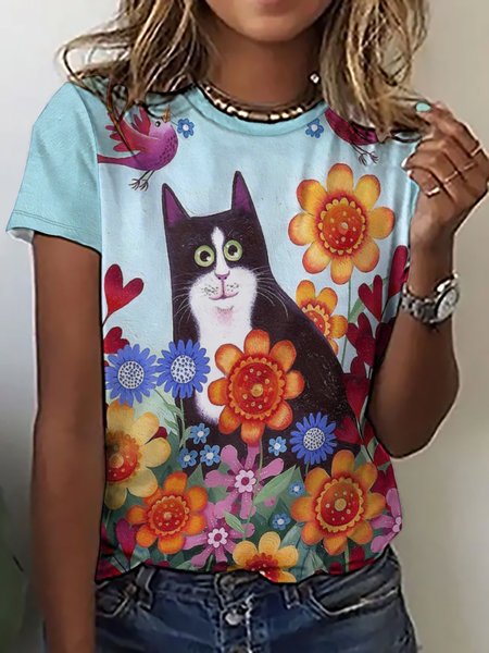 

Women Funny Cat Spring has Sprung Animal Crew Neck Simple T-Shirt, Light blue, T-shirts