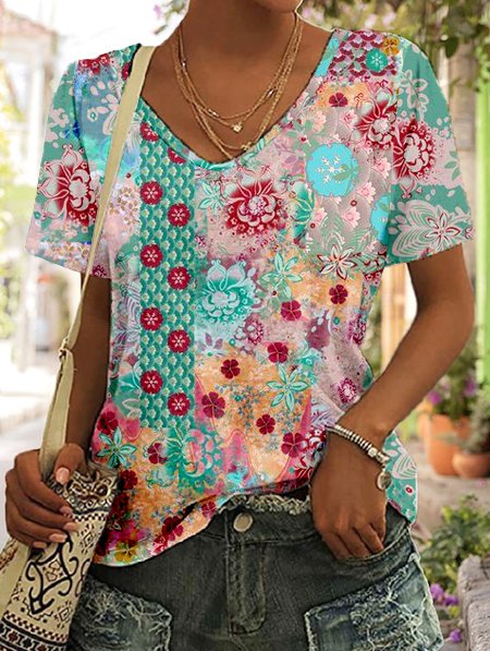 

Floral Pattern V Neck Regular Fit Casual T-Shirt, Multicolor, T-Shirts
