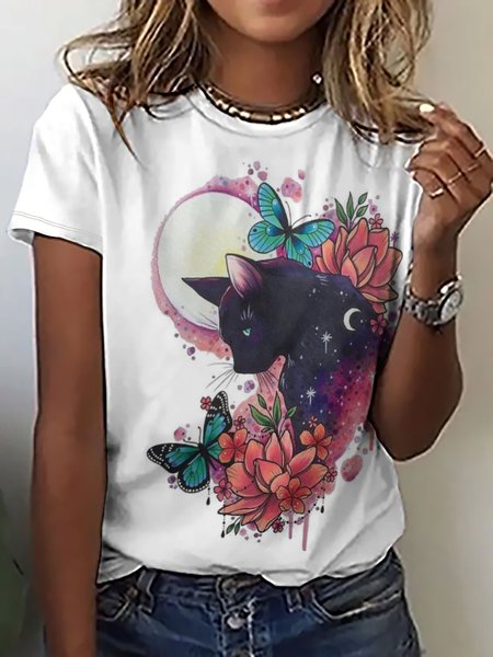 

Women Funny Black cat & the moon Simple Crew Neck T-Shirt, White, T-shirts