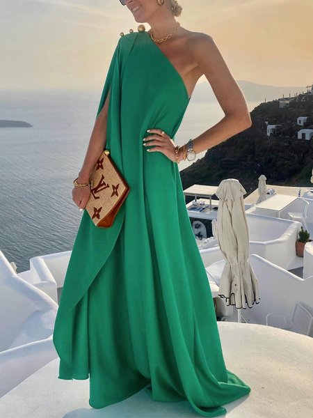 

Elegant Cold Shoulder Loose Plain Maxi Dress, Green, Maxi Dresses