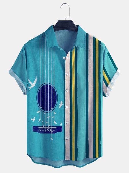 

Cotton Linen Music Print Casual Short Sleeve Shirt, Blue, Men's Floral shirt