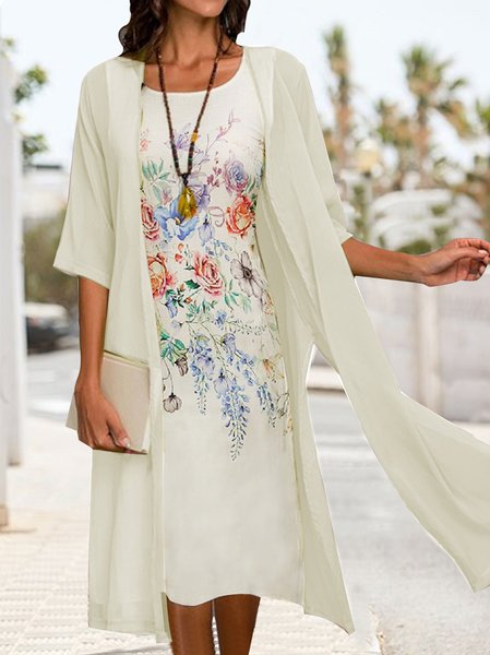 Two-Piece Floral Knit Tank Top Dress & Cardigan, Off white, Mini Dresses