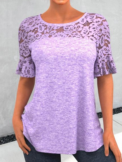 

Basic Lace Regular Fit Crew Neck Tops, Purple, T-Shirts