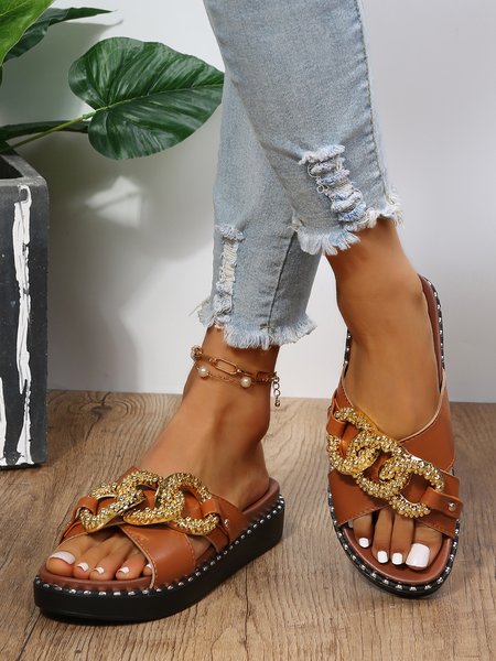 

Metallic Chunky Chain Party Sandals Slippers, Brown, Sandals & Slippers