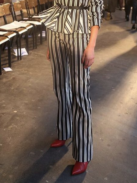

Black Daily Long Regular Fit Striped Fashion Pants, Wide Leg Pants