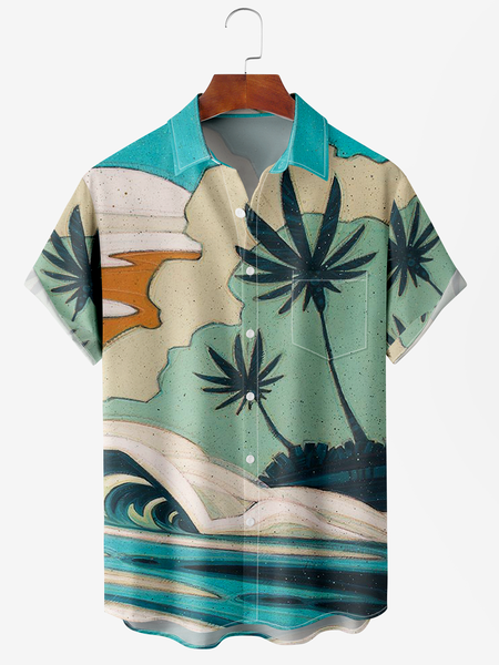 

Men's Ocean Coconut Print Anti-Wrinkle Moisture Wicking Fabric Fashion Hawaiian Lapel Short Sleeve Shirts, Green, Men's Floral shirt