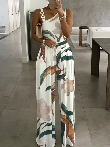 

Vacation Sleeveless Floral Asymmetrical Jumpsuit, Multicolor, Wide Leg Pants