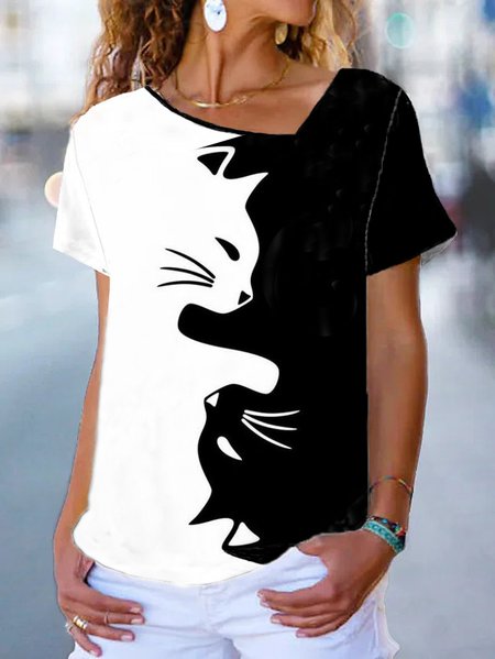 

Loose Asymmetrical Casual T-Shirt, Black-white, T-Shirts