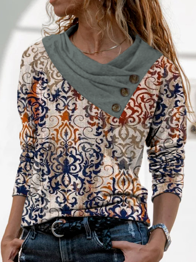 

Ethnic Casual Cross Neck Long sleeve Tops, Khaki, Shirts & Blouses