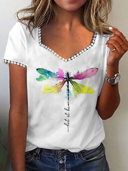 

Casual Sweetheart Neckline Dragonfly Lace T-Shirt, White, T-Shirts