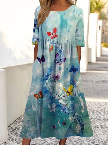 

Casual Crew Neck Butterfly Dresses, Blue, Dresses