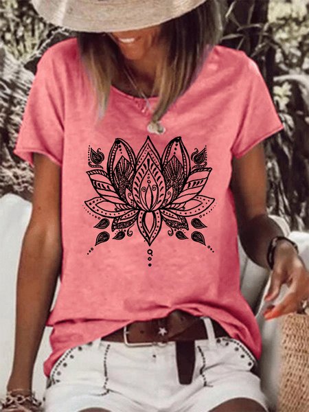 

Lotus Print Women's Crew Neck T-Shirt, Red, T-shirts