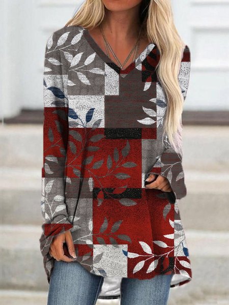 

Geometric Leaf Casual Regular Fit Long sleeve T-Shirt, Red, Shirts & Blouses