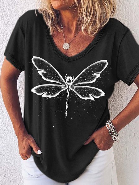 

Women Dragonfly Printing V Neck Regular Fit Animal T-Shirt, Black, T-shirts
