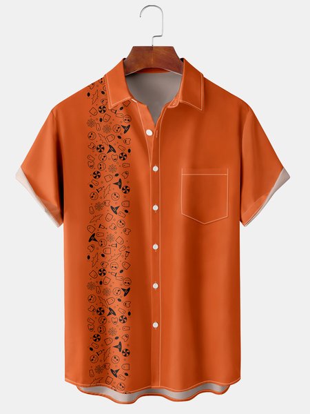 

Men's Halloween Print Casual Breathable Short Sleeve Shirt, Orange, Men's Floral shirt