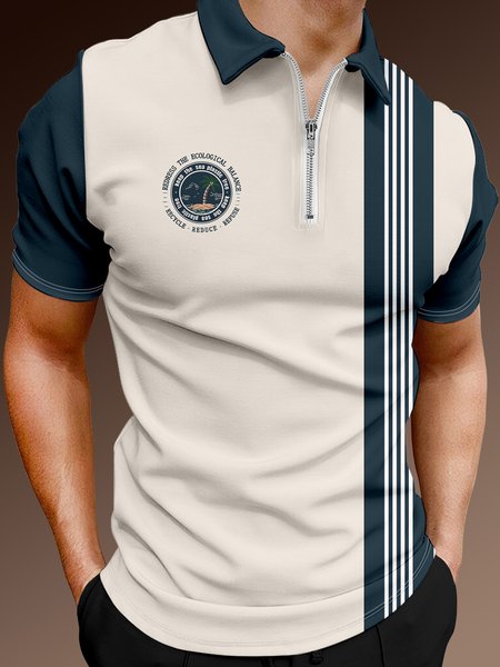 

Casual Natural Collection Geometric Stripes Protect the Ocean Plastic Free Graphic Lapel Short Sleeve Polo Print Top, Light khaki, Polos