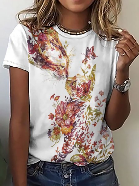 Women Floral Cat Printing Casual Floral T-Shirt, White, T-shirts
