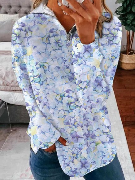 

Casual Floral Zipper V Neck Regular Fit Sweatshirts, Blue, Sweatshirts & Hoodies