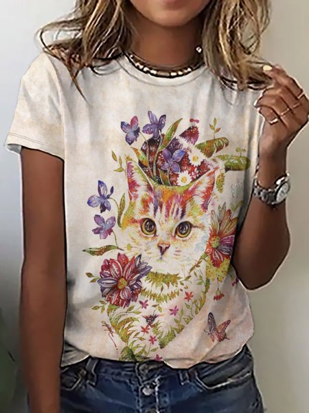 

Women Floral Cat Printing Cotton-Blend T-Shirt, White-yellow, T-shirts