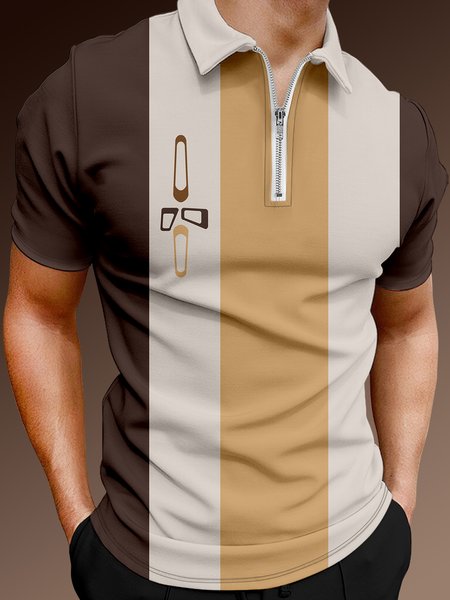 

Casual Art Collection Mid-Century Geometric Stripe Color Block Pattern Lapel Short Sleeve Polo Print Top, Cameo brown, Men's t-shirts
