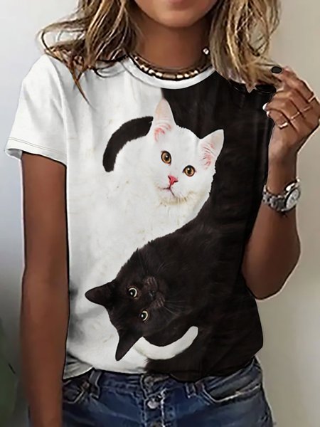 

Women Funny Black and White Yin Yang Cat Simple T-Shirt, As picture, T-shirts