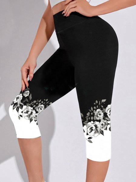 

Contrast Floral Elasticated Elastic Waist Leggings, Black, Leggings