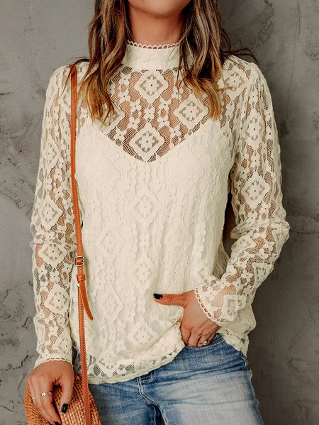 

Stand Collar Lace Loose Two Pieces Tops, Beige, Shirts & Blouses