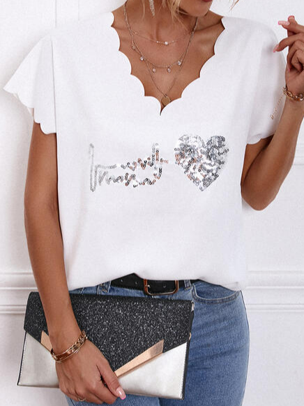 

Heart Letter V-Neck Short Sleeves Casual Blouses, White, T-Shirts