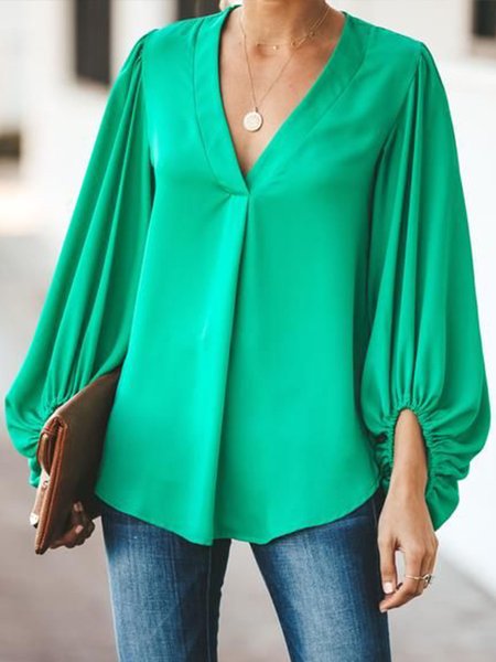 

Daily V Neck Plain Lantern Sleeve Top, Green, Blouses and Shirts