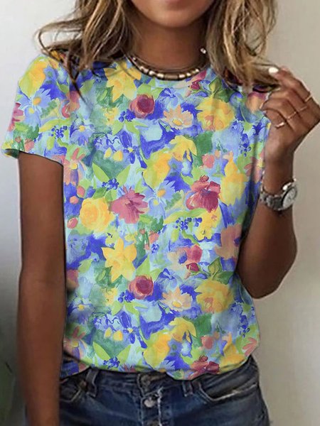 

Floral Vacation Crew Neck T-Shirt, Multicolor, T-Shirts