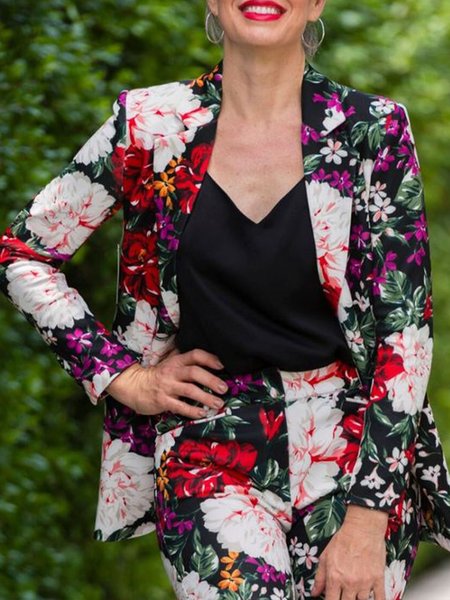 

Vacation Floral Lapel Collar Long Sleeve Blazer, Multicolor, Blazers