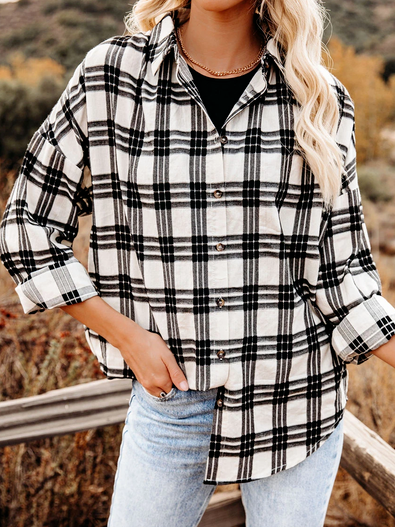 

Shawl Collar Plaid Casual Long sleeve Blouse, Black, Blouses & Shirts