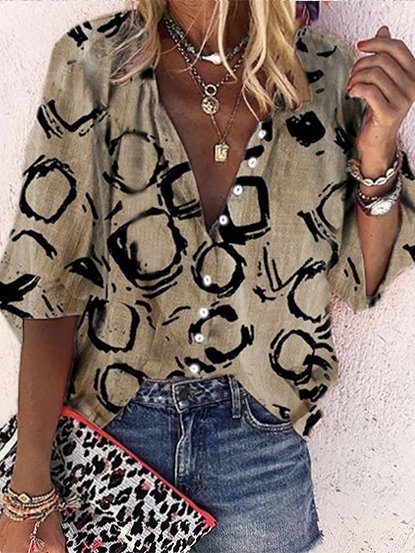 

JFN V Neck Lantern Sleeve Geometric Blouse, Camel, Shirts & Blouses